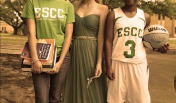 three students in escce attire with books and a basketball