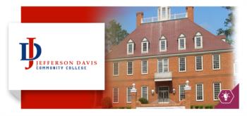red graphic with college building and logo