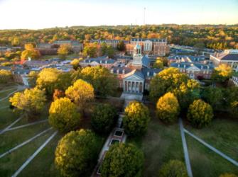 aerial view of samford university campus with autumn foliage