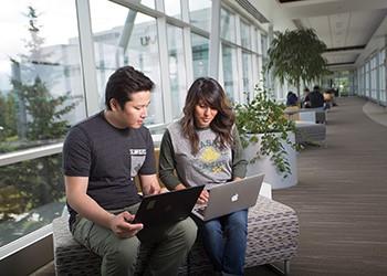 two students collaborating on laptops