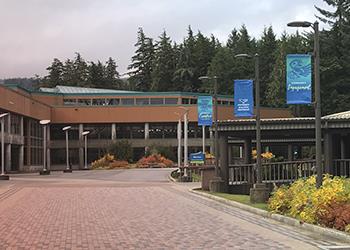 courtyard with banners and walkway