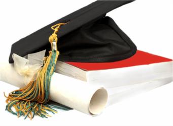 graduation cap on a diploma with red ribbon