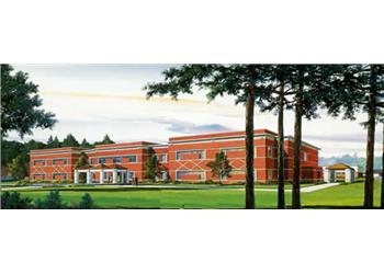 illustration of a red brick educational building amid greenery