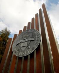 seal of 'california state university, fresno' on monument