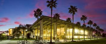 modern building with lit interior at dusk, palm trees in front