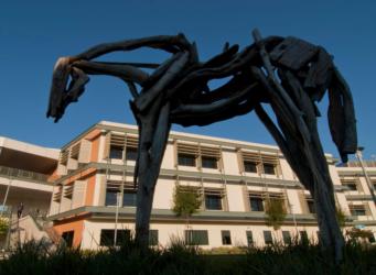 sculpture of a large spider in front of a building