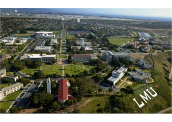 aerial view of campus with 'LMU' on the ground