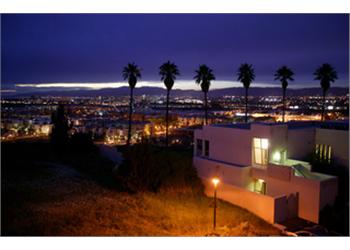 night view of cityscape from campus building