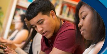 students studying, stylized circular frame