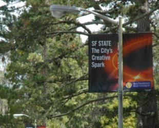 'sf state' banner on lamp post in campus