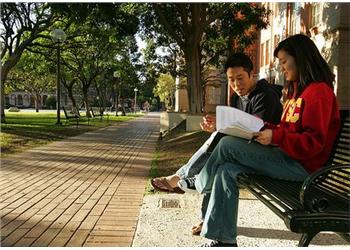 two students studying on a bench outdoors