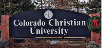 sign with 'Colorado Christian University' and a holiday wreath