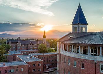 aerial view of campus buildings at sunset