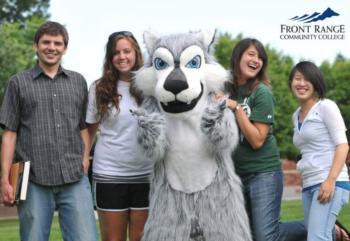 students posing with mascot at 'FRONT RANGE COMMUNITY COLLEGE'