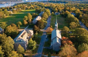 aerial view of campus with church