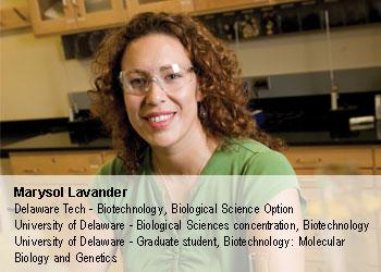 smiling woman in lab with text about her studies at Delaware Tech