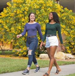 two students walking by yellow flowers