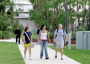 students walking together on a sunny path