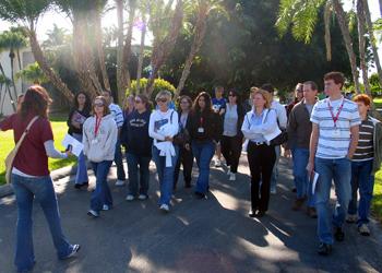 group of students on a campus tour led by a guide