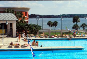 swimming pool with lake view