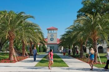 students walking near campus building