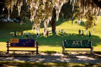 students outdoor with greek life signs