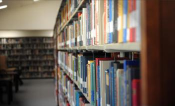 close-up of a bookshelf in a library