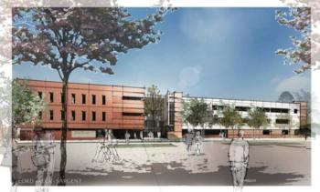 artist's rendering of a modern educational building with people