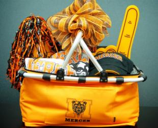 sports paraphernalia with 'mercer' logo on orange items