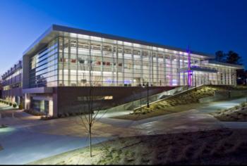 illuminated modern building at dusk