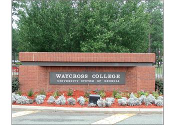 brick sign with 'waycross college' and landscaping