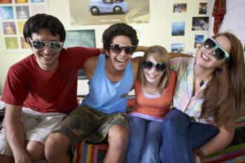 friends in dorm room, fun atmosphere