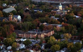 aerial view of campus at dusk