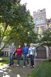 group walking by historic building