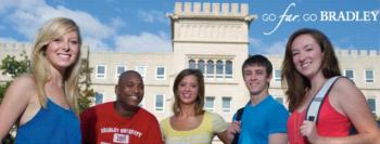 students in front of building 'go far go bradley'