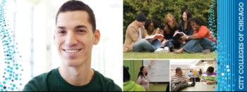 collage with student portrait, group studying outdoors, classroom scene