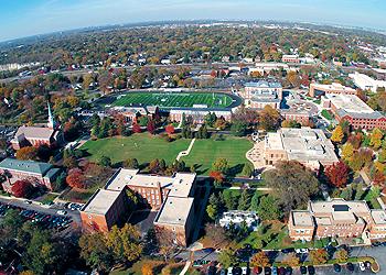 aerial view of a campus with athletic fields