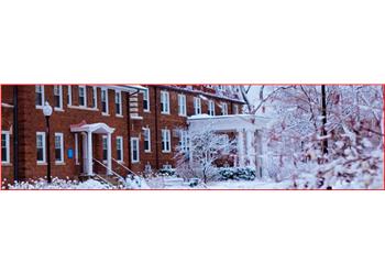 snow-covered campus building