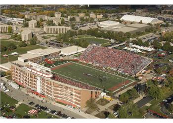 aerial view of packed sports stadium