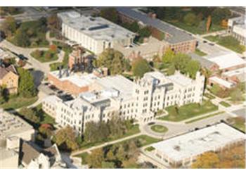 aerial shot of university campus buildings