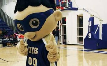 mascot in blue uniform doing a thumbs up