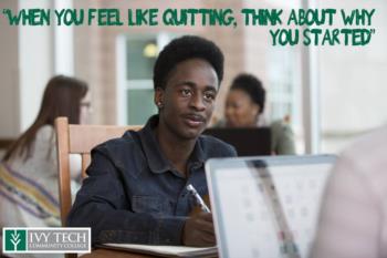 student with laptop in a library, ivy tech logo, encouraging quote