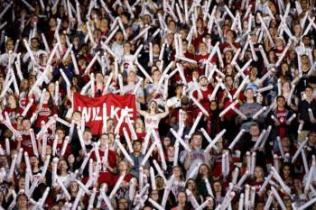 crowd with foam fingers and iu banner