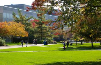 campus view with students walking