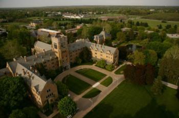 aerial view of campus with lush greenery