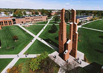 aerial view of campus with clock tower