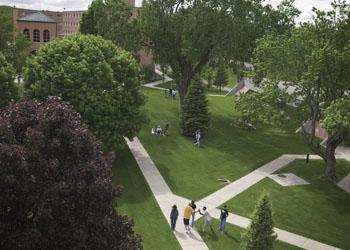 aerial view of campus with students walking