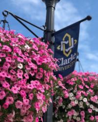 flag with logo above pink flowers