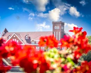 red flowers in focus with blurred college building in background