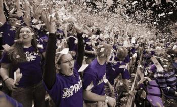 crowd in purple cheering with confetti